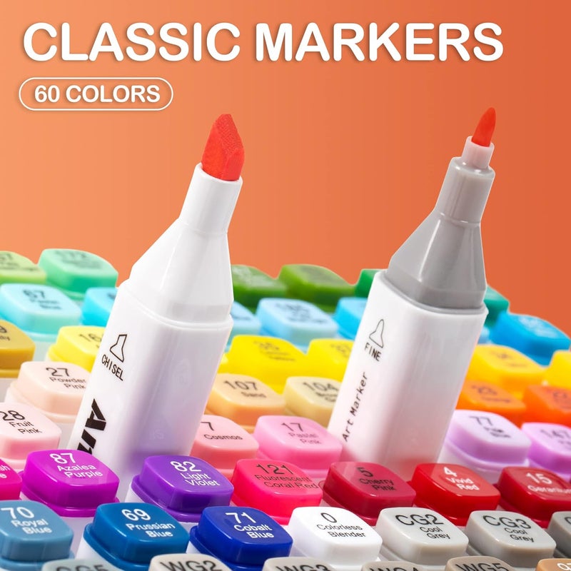 Anymark Alcohol Markers, 60 Colors Dual Tip Art Coloring Markers Set for Kids Adult Book Drawing Sketching Painting, Chisel & Fine, White Penholder - Image 2